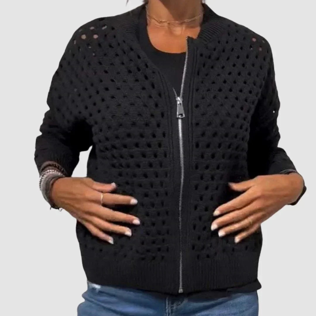 Women's relaxed-fit hollow-knit zip-up cardigan – Black