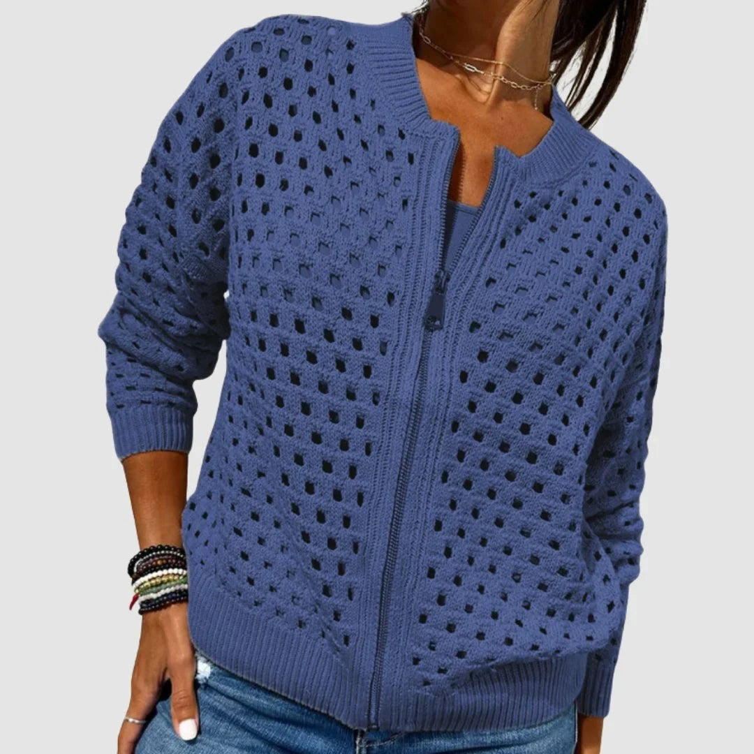 Women's relaxed-fit hollow-knit zip-up cardigan – Blue