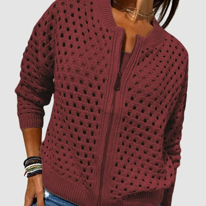 Women's relaxed-fit hollow-knit zip-up cardigan – Burgundy