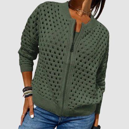 Women's relaxed-fit hollow-knit zip-up cardigan – Green