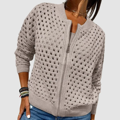 Women's relaxed-fit hollow-knit zip-up cardigan – Khaki
