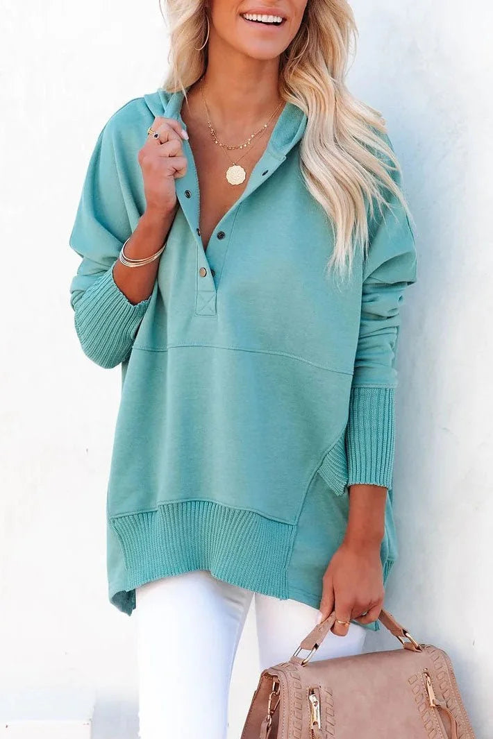 Women's relaxed-fit hooded drawstring pullover tunic sweatshirt – Light blue