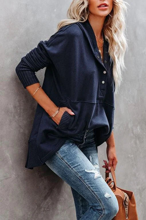 Women's relaxed-fit hooded drawstring pullover tunic sweatshirt – marine