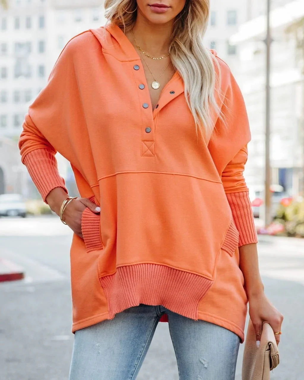 Women's relaxed-fit hooded drawstring pullover tunic sweatshirt – Orange