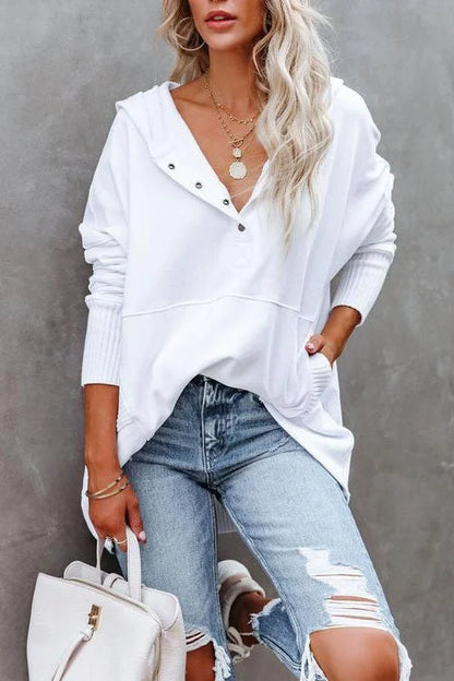 Women's relaxed-fit hooded drawstring pullover tunic sweatshirt – White