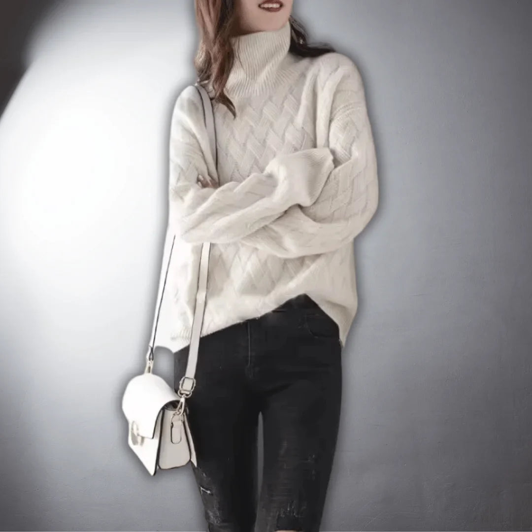 Women's relaxed-fit knit basketweave sweater with turtleneck