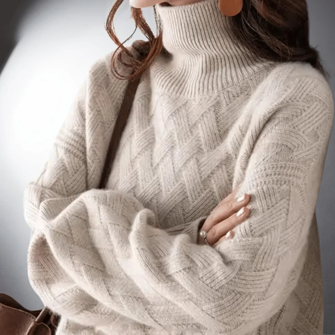Women's relaxed-fit knit basketweave sweater with turtleneck