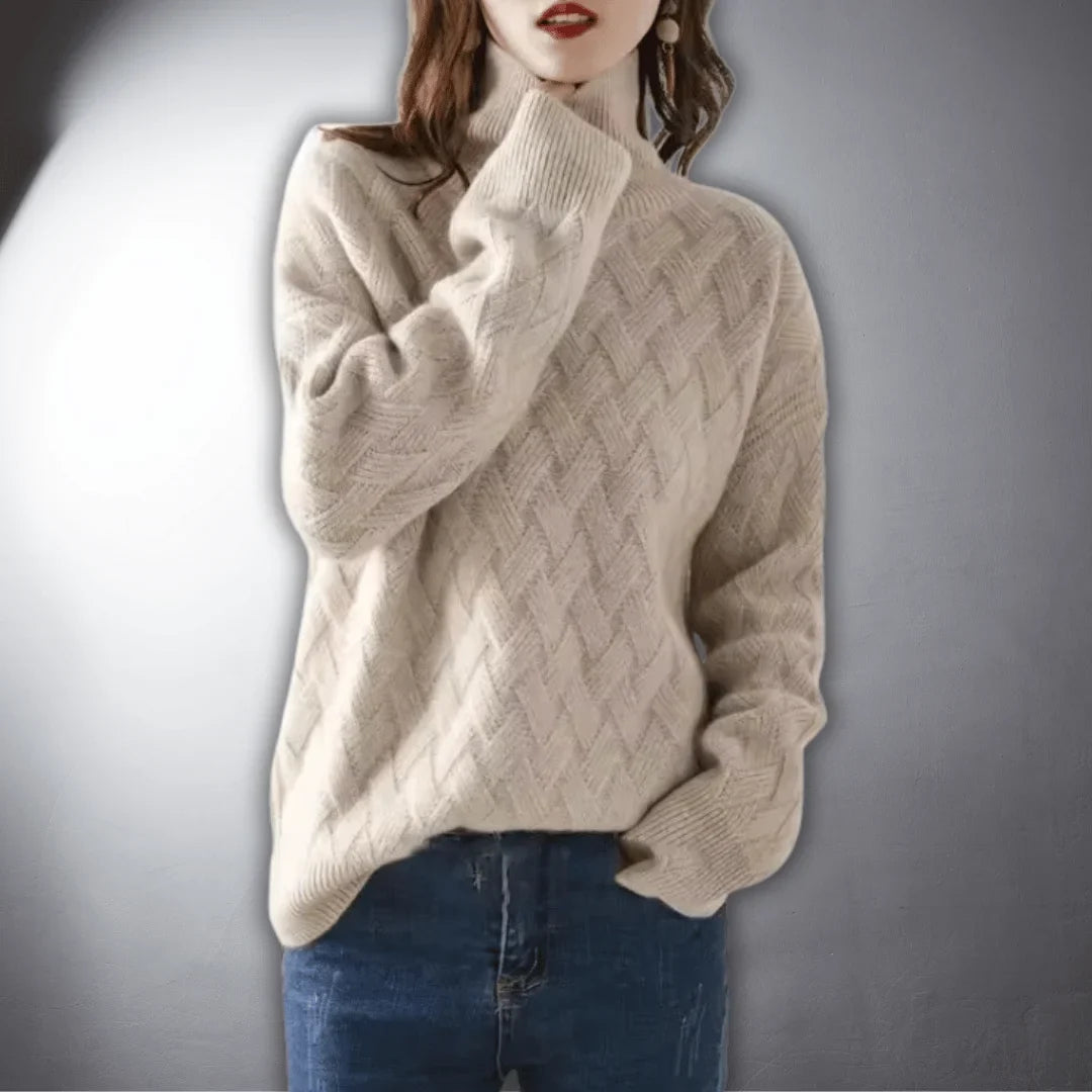 Women's relaxed-fit knit basketweave sweater with turtleneck