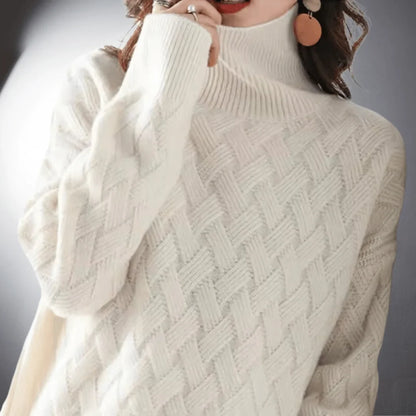Women's relaxed-fit knit basketweave sweater with turtleneck – Off white