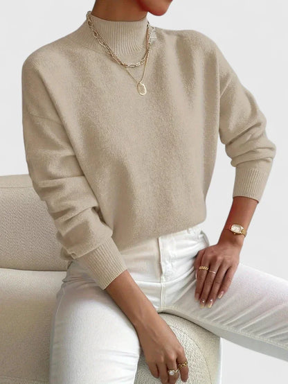 Women's relaxed fit knit sweater with high-neck and ribbed cuffs – Beige