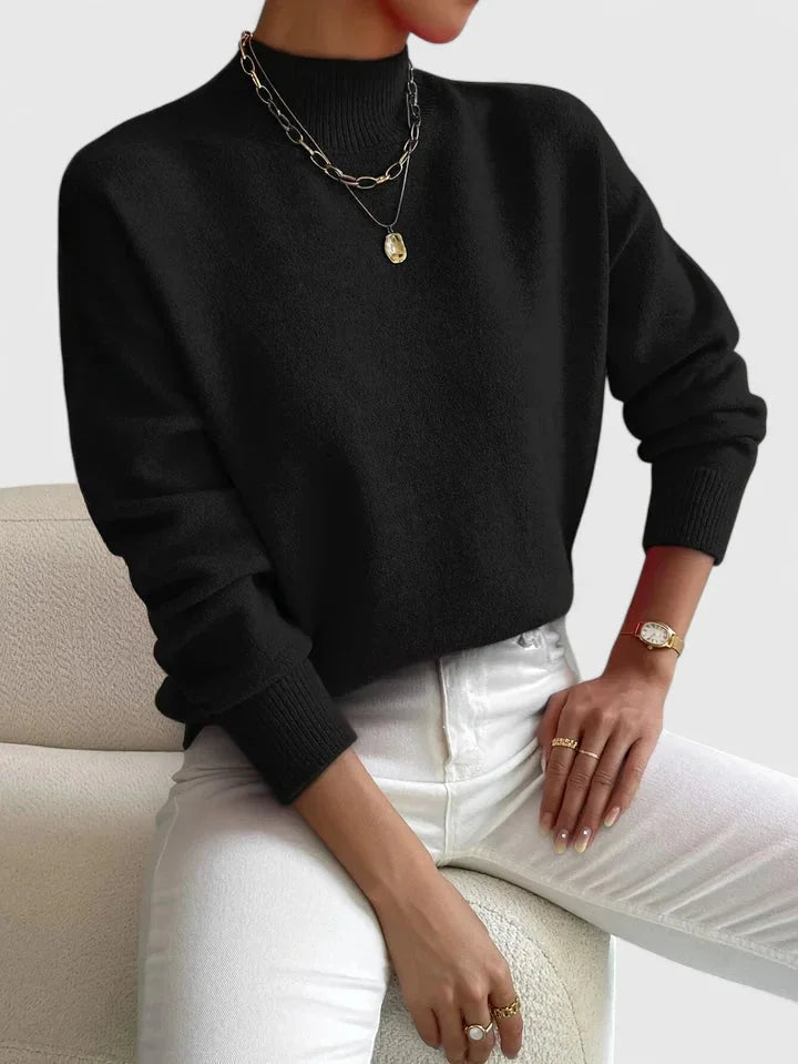 Women's relaxed fit knit sweater with high-neck and ribbed cuffs – Black