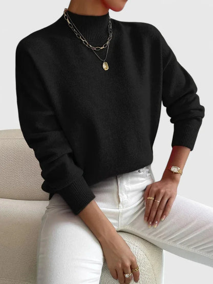 Women's relaxed fit knit sweater with high-neck and ribbed cuffs – Black