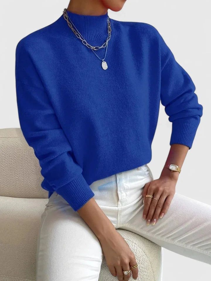 Women's relaxed fit knit sweater with high-neck and ribbed cuffs – Blue