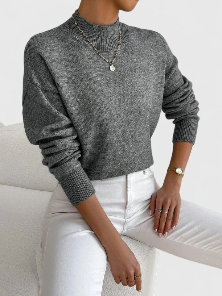 Women's relaxed fit knit sweater with high-neck and ribbed cuffs – Dark Grey