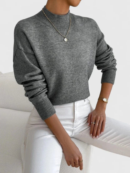 Women's relaxed fit knit sweater with high-neck and ribbed cuffs – Dark Grey