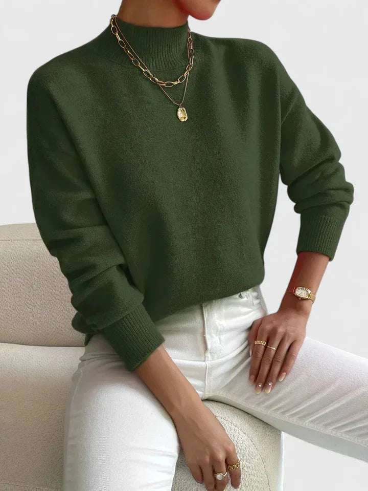 Women's relaxed fit knit sweater with high-neck and ribbed cuffs – Green