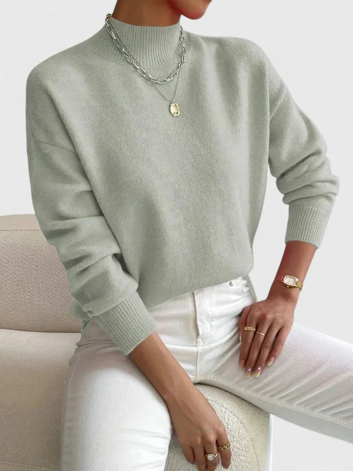 Women's relaxed fit knit sweater with high-neck and ribbed cuffs – Light Green