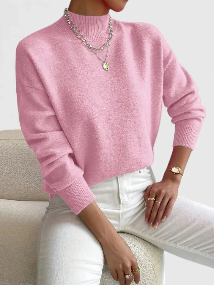 Women's relaxed fit knit sweater with high-neck and ribbed cuffs – Light Pink