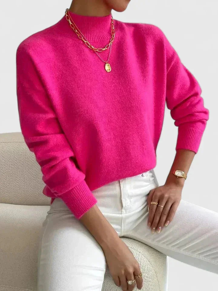 Women's relaxed fit knit sweater with high-neck and ribbed cuffs – Pink