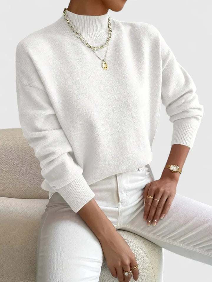 Women's relaxed fit knit sweater with high-neck and ribbed cuffs – White