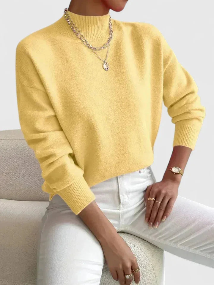 Women's relaxed fit knit sweater with high-neck and ribbed cuffs – Yellow