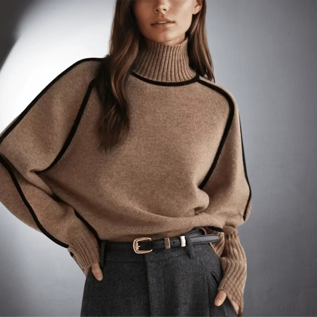 Women's relaxed-fit knit sweater with turtleneck and contrasting raglan sleeves