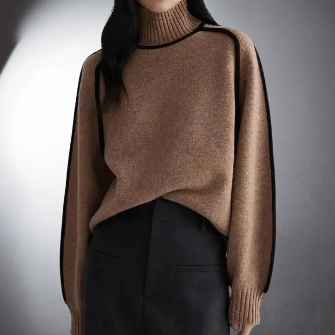 Women's relaxed-fit knit sweater with turtleneck and contrasting raglan sleeves
