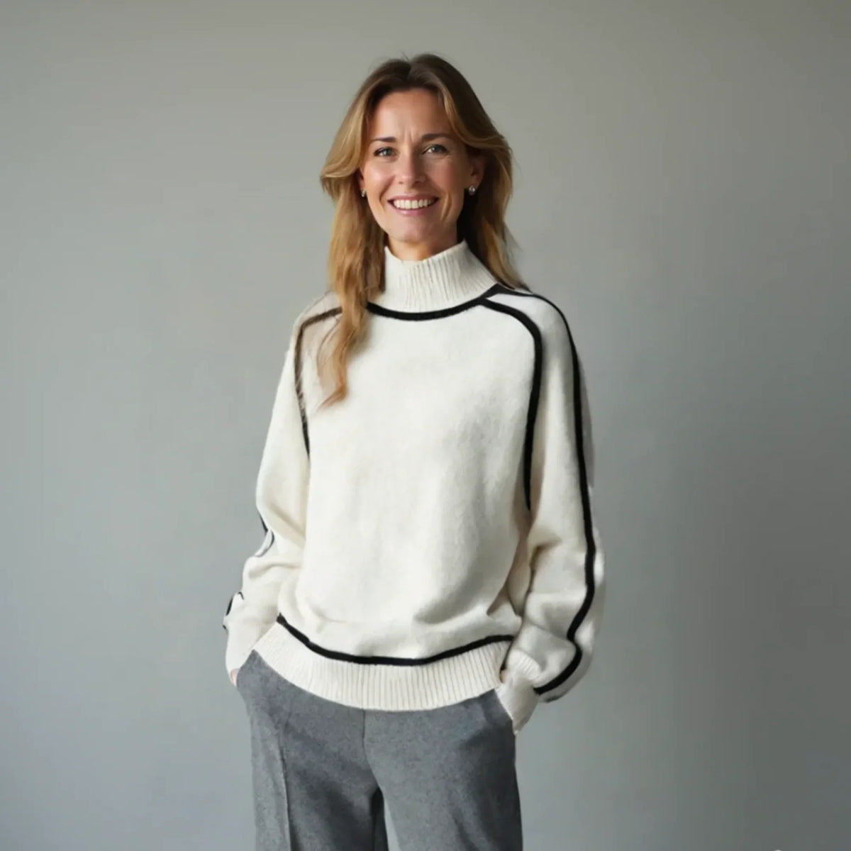 Women's relaxed-fit knit sweater with turtleneck and contrasting raglan sleeves
