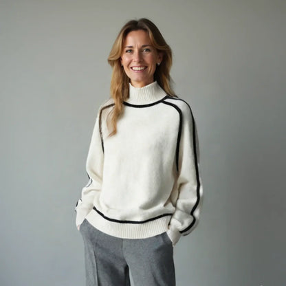 Women's relaxed-fit knit sweater with turtleneck and contrasting raglan sleeves