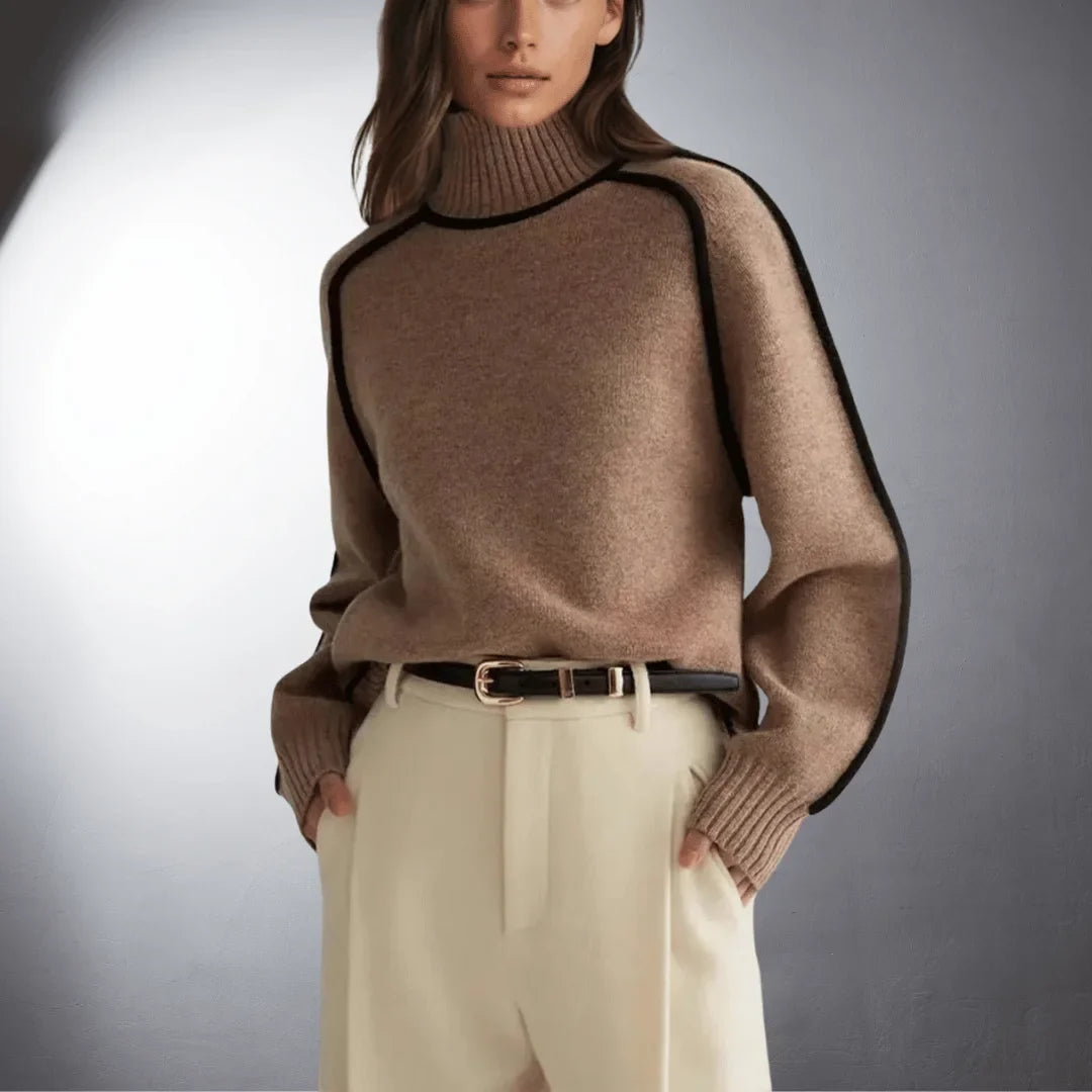 Women's relaxed-fit knit sweater with turtleneck and contrasting raglan sleeves – Brown