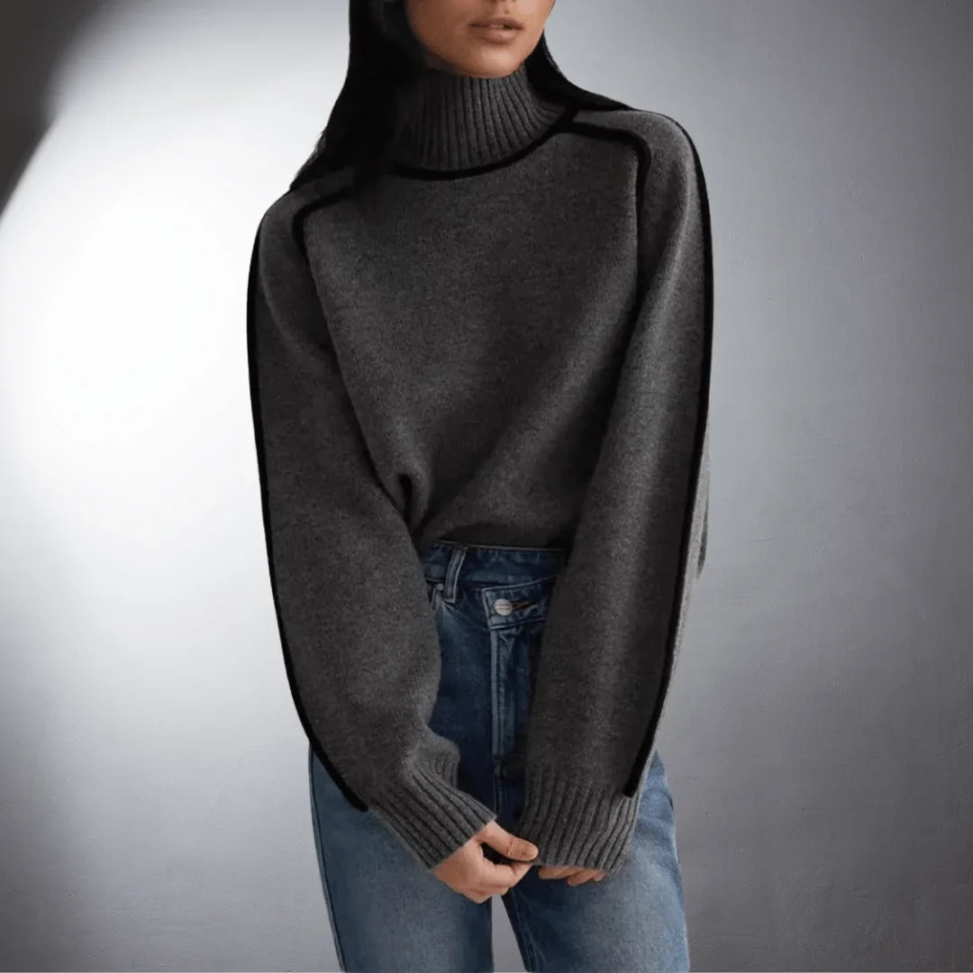 Women's relaxed-fit knit sweater with turtleneck and contrasting raglan sleeves