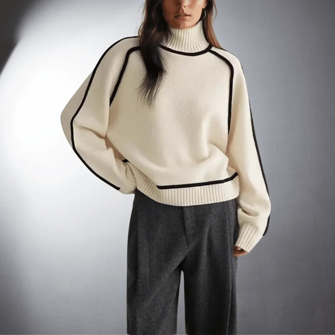 Women's relaxed-fit knit sweater with turtleneck and contrasting raglan sleeves