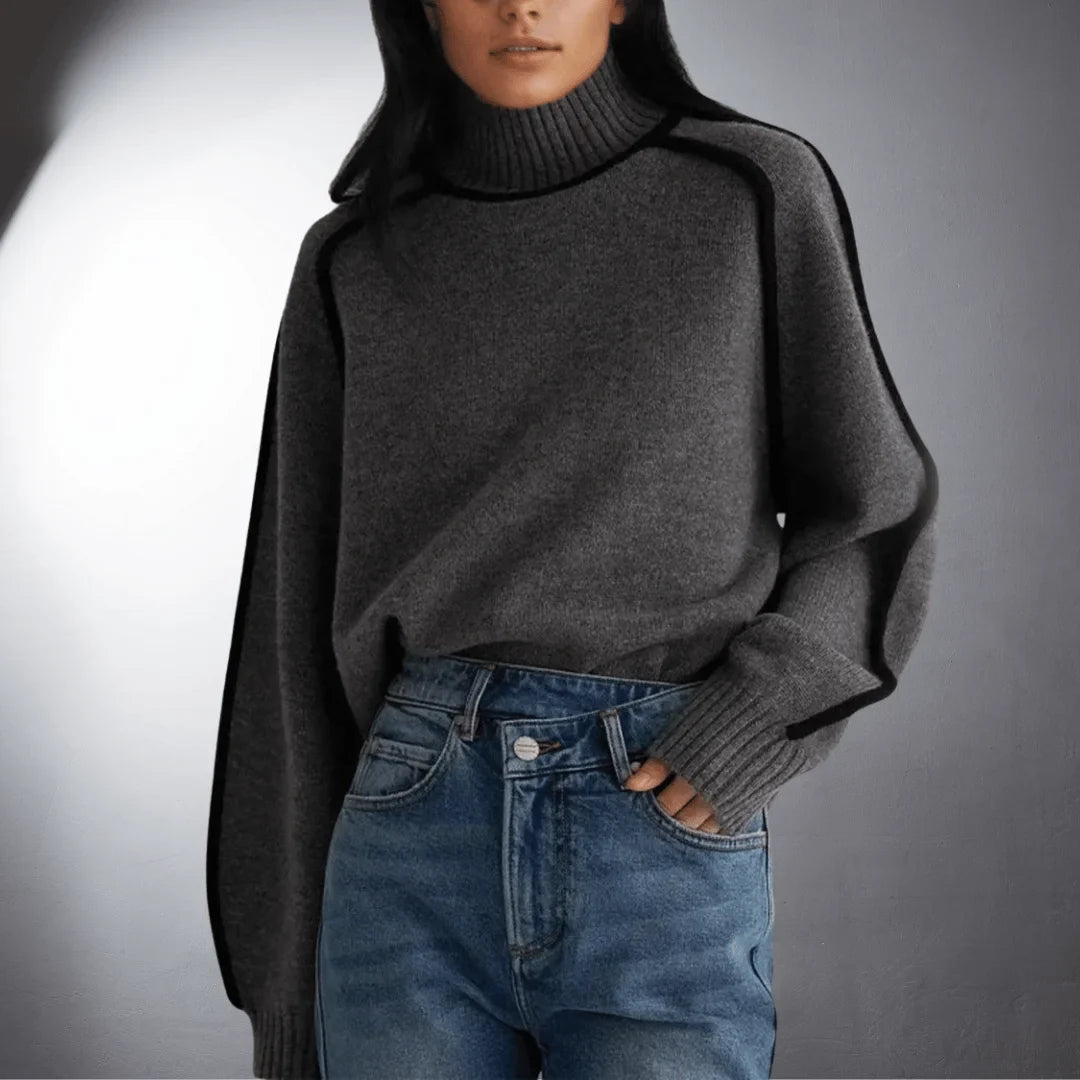 Women's relaxed-fit knit sweater with turtleneck and contrasting raglan sleeves – Grey