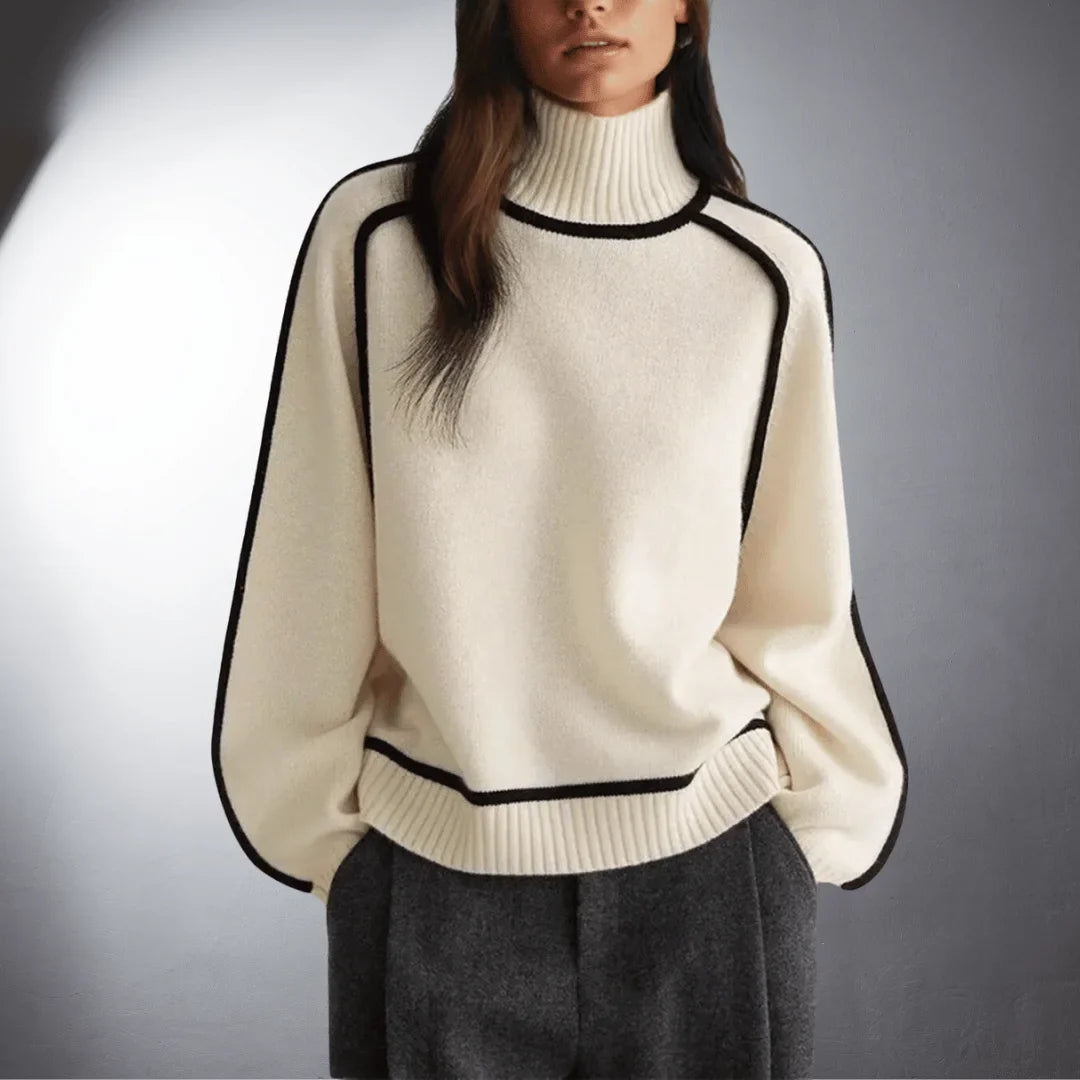 Women's relaxed-fit knit sweater with turtleneck and contrasting raglan sleeves – Off white