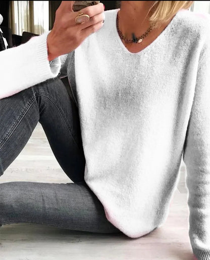 Women's relaxed fit knit sweater with V-neck long-sleeve design – White