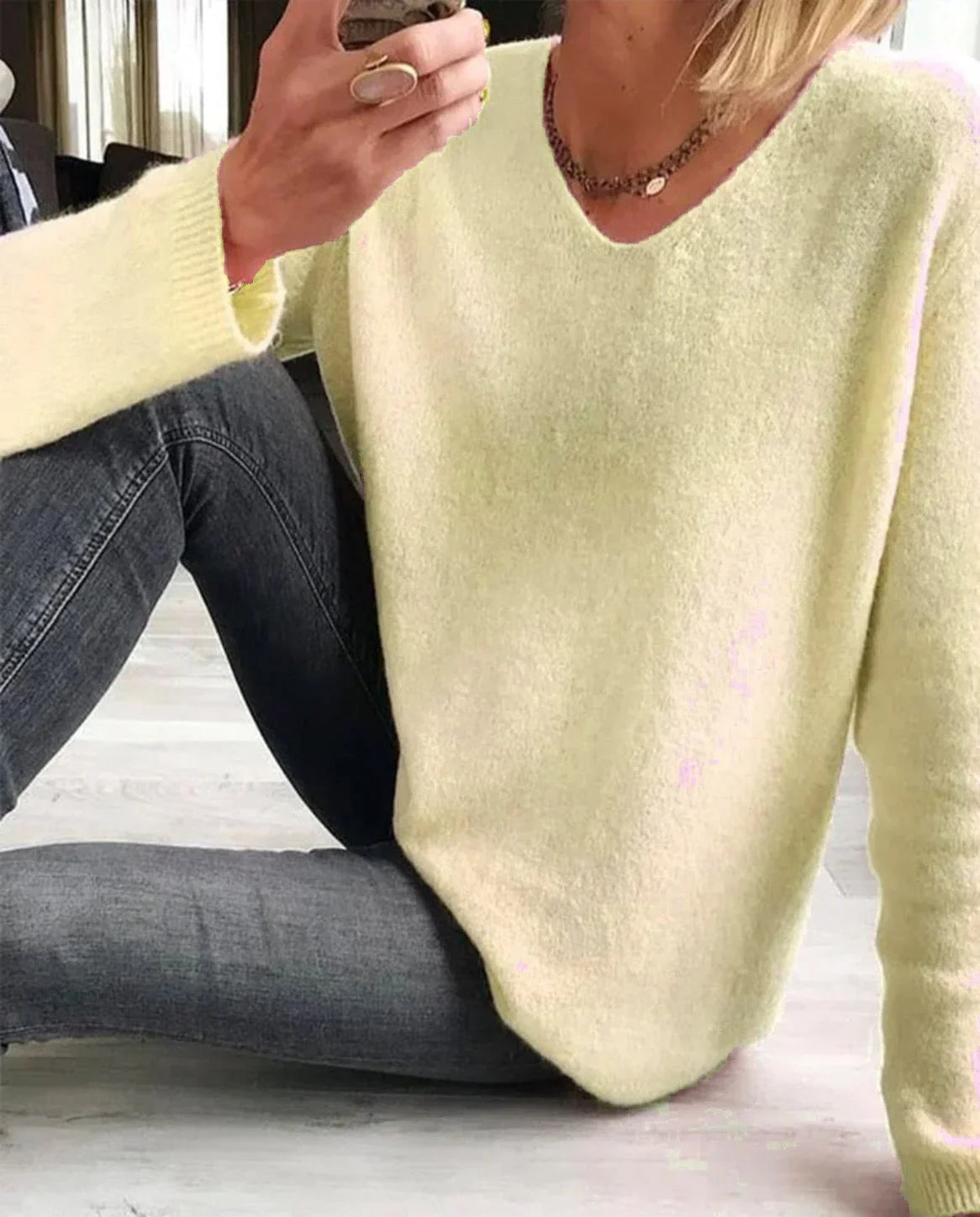 Women's relaxed fit knit sweater with V-neck long-sleeve design – Yellow