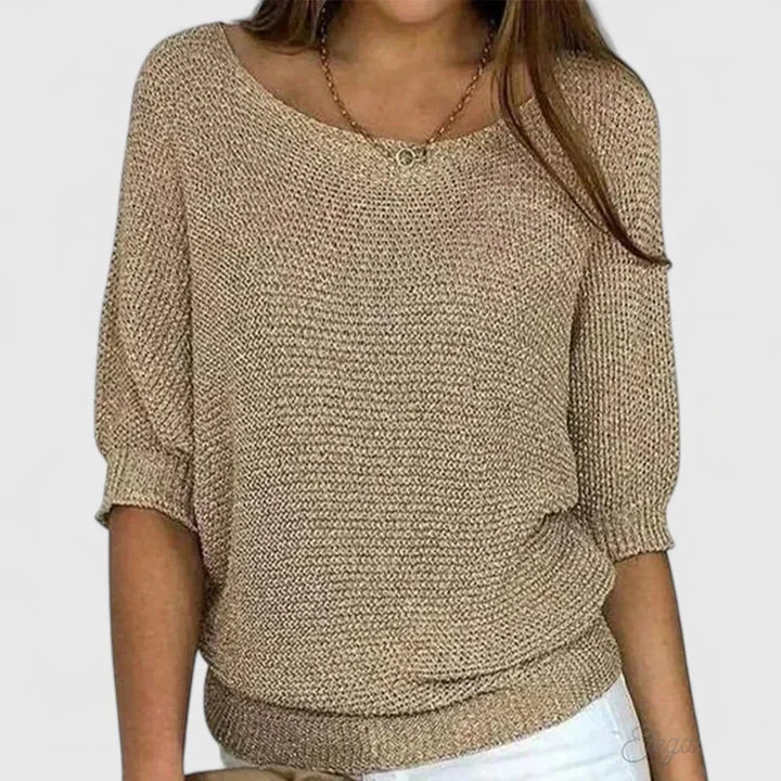 Women's relaxed fit knit sweater with wide scoop-neck and 3/4-sleeves – Beige