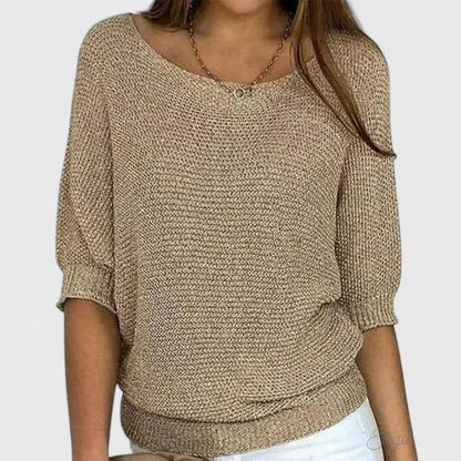 Women's relaxed fit knit sweater with wide scoop-neck and 3/4-sleeves – Beige