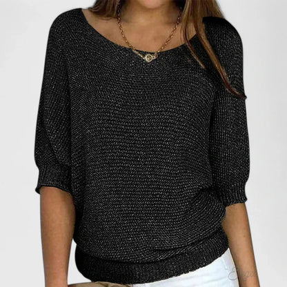 Women's relaxed fit knit sweater with wide scoop-neck and 3/4-sleeves – Black