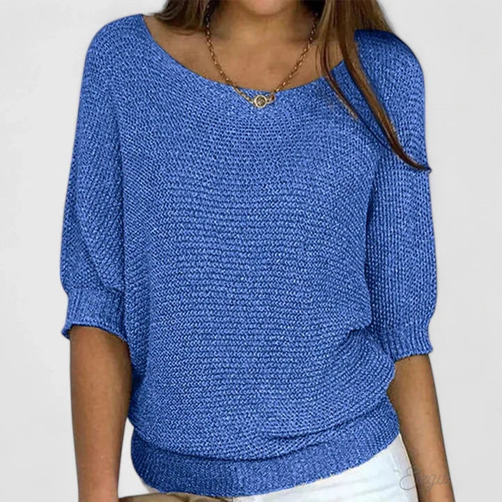 Women's relaxed fit knit sweater with wide scoop-neck and 3/4-sleeves – Blue