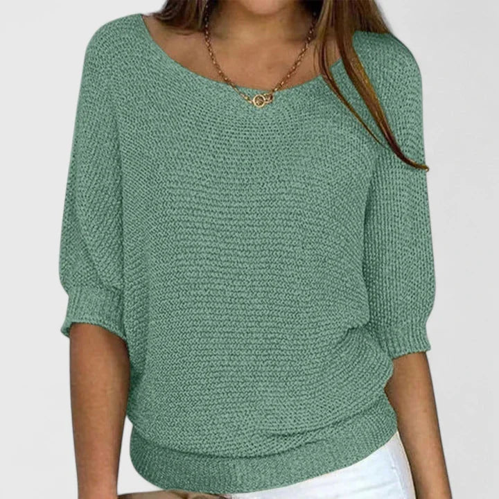 Women's relaxed fit knit sweater with wide scoop-neck and 3/4-sleeves – Green