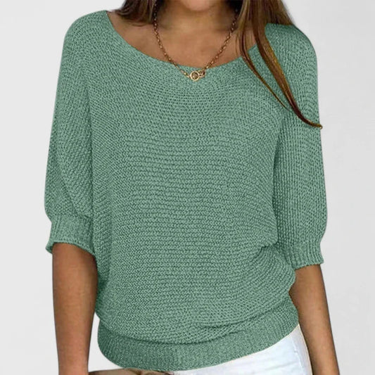 Women's relaxed fit knit sweater with wide scoop-neck and 3/4-sleeves – Green
