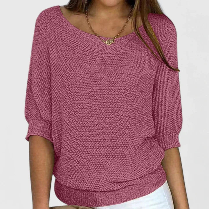 Women's relaxed fit knit sweater with wide scoop-neck and 3/4-sleeves – Pink