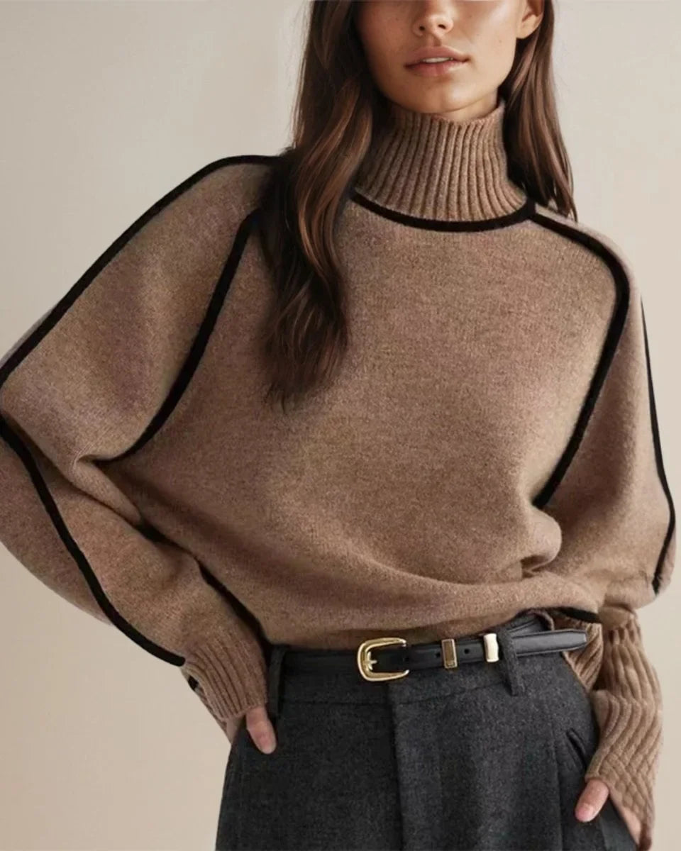 Women's relaxed-fit lantern-sleeve knit turtleneck sweater – Brown