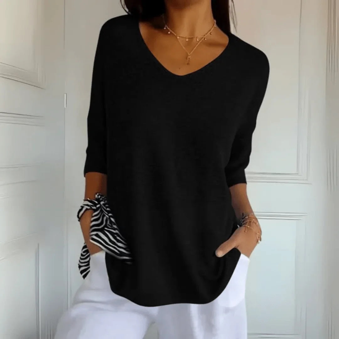 Women's relaxed-fit lightweight knit top with V-neck and 3/4-sleeves – Black