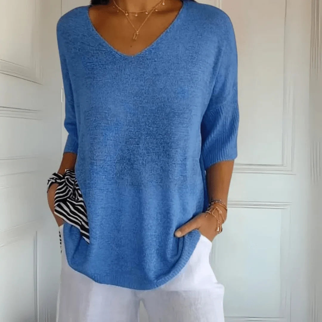 Women's relaxed-fit lightweight knit top with V-neck and 3/4-sleeves – Blue