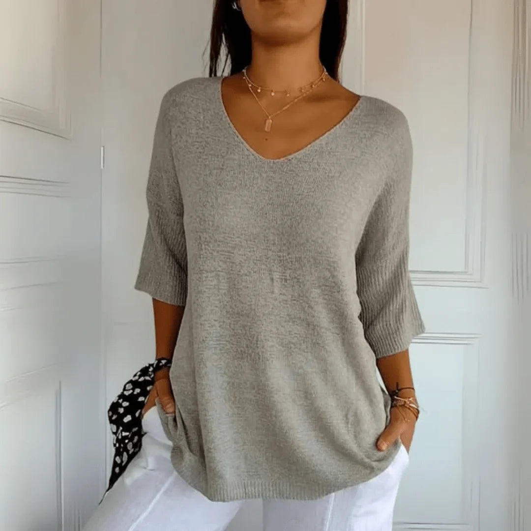Women's relaxed-fit lightweight knit top with V-neck and 3/4-sleeves – Grey