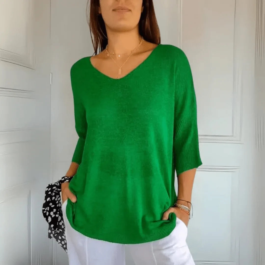 Women's relaxed-fit lightweight knit top with V-neck and 3/4-sleeves – Green