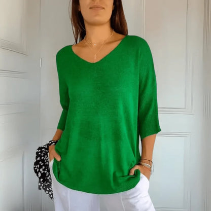 Women's relaxed-fit lightweight knit top with V-neck and 3/4-sleeves – Green
