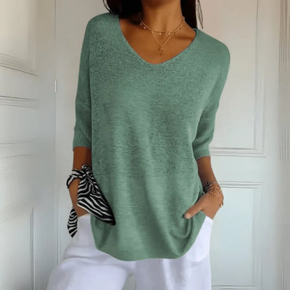 Women's relaxed-fit lightweight knit top with V-neck and 3/4-sleeves – Light Green